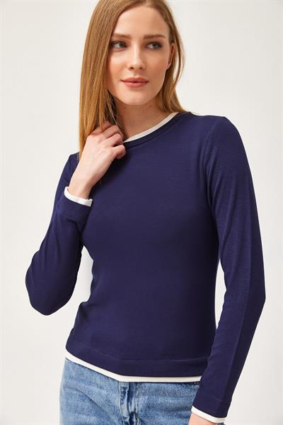Yaka ve Etek Garnili Esnek Bluz Lacivert