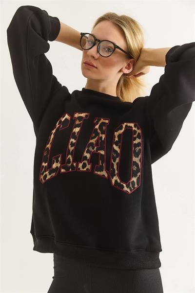 Kadın Üç İplik Leopar Baskılı Sweatshirt Siyah