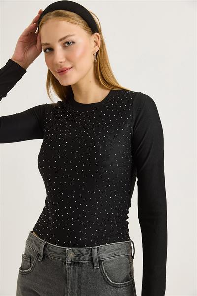 Kadın Ottoman Bisiklet Yaka Taşlı Bluz Siyah