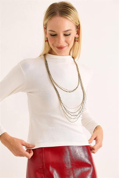 Vücuda Oturan Uzun Kollu Dik Yaka Fitilli Esnek Örme Bluz Beyaz