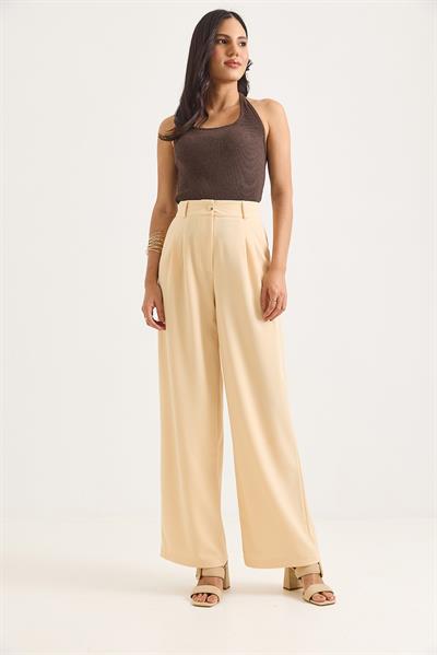 Yüksek Bel Bol Paça Pantalon Bej