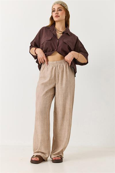 Kadın Desenli Beli Lastikli Bol Kesim Pantalon Vizon