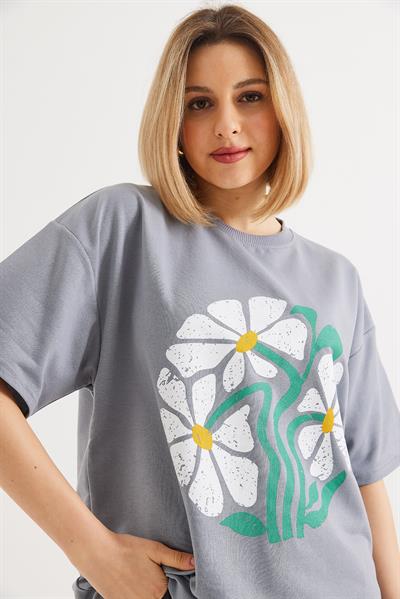 Baskılı Bisiklet Yaka Tshirt Gri