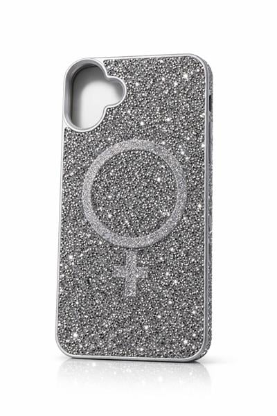 İphone 16 Plus Uyumlu  Parlak ve Taşlı Kart Bölümlü Kılıf Gri