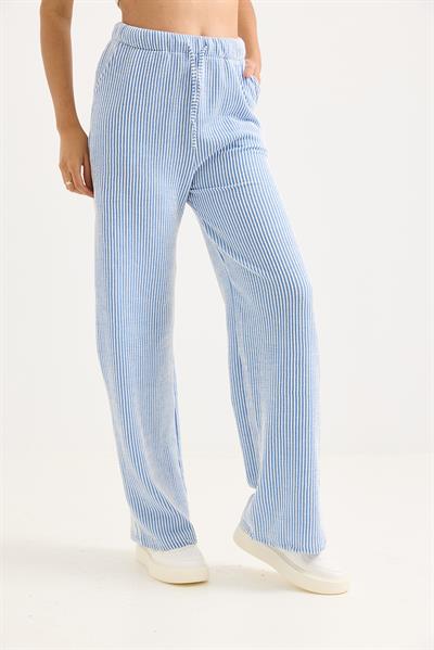 Belden Bağlamalı Geniş Paça Çizgi Desenli Pantolon Mavi