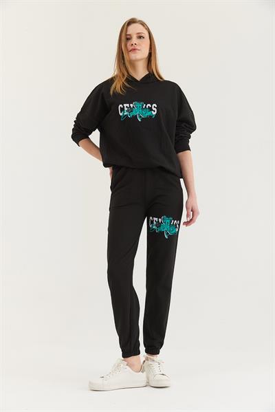 Kapüşonlu Baskılı Eşofman Takım Siyah
