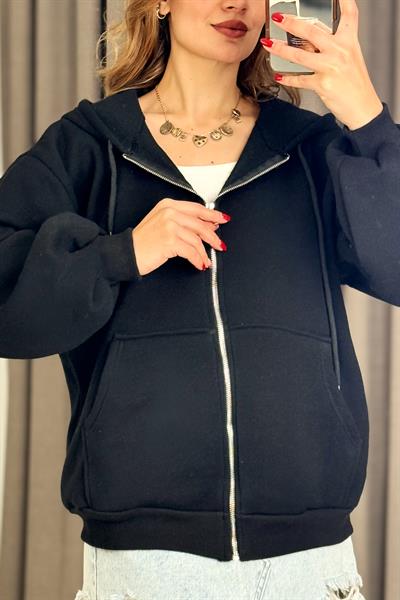 Kadın Oversize Kapüşonlu Cepli Sweatshirt Siyah