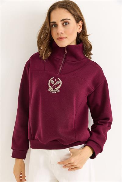 Kadın Dik Yaka Fermuarlı Roket Baskılı Sweatshirt Bordo