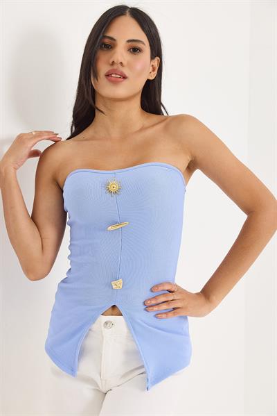 Düğme Detaylı Ottoman Straplez Mavi