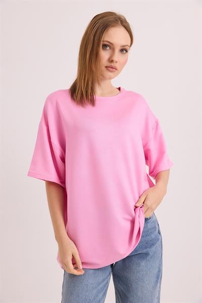 Oversize Yumuşak Dokulu Salaş T-Shirt Pembe
