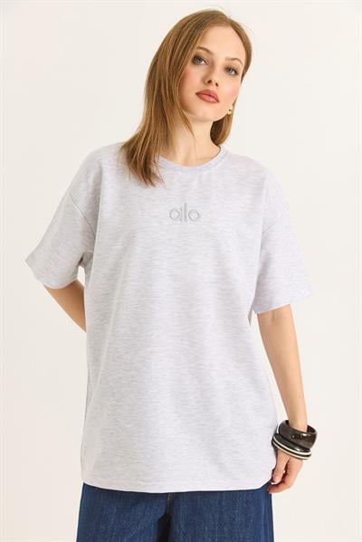 Alo Nakışlı Oversize Unisex Tshirt  Gri