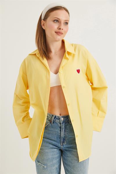 Kalp Nakışlı  Oversize Basic Gömlek Sarı
