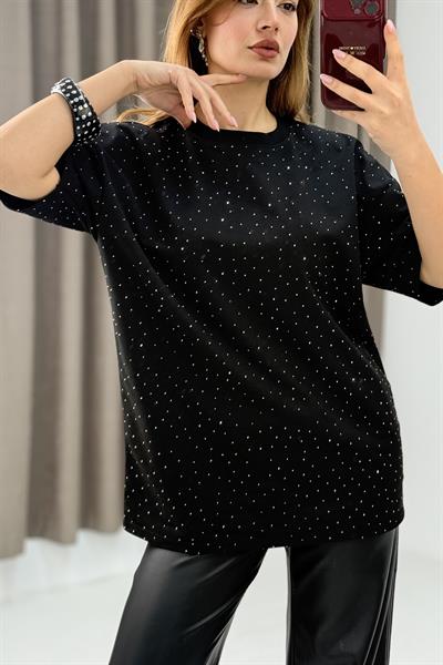 Bisiklet Yaka Taşlı Yarım Kol T-shirt Siyah