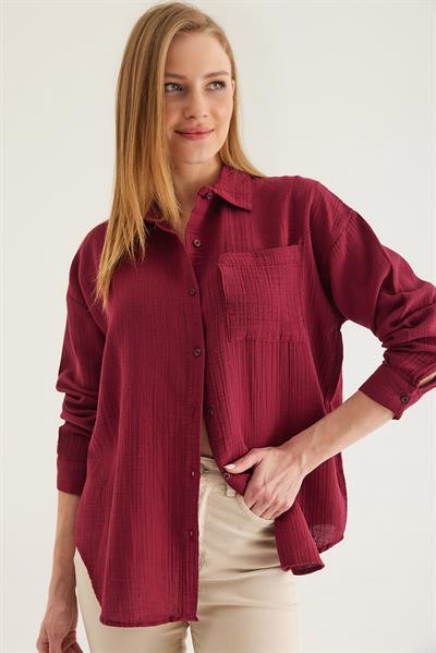 Uzun Kollu Oversize Gömlek Bordo