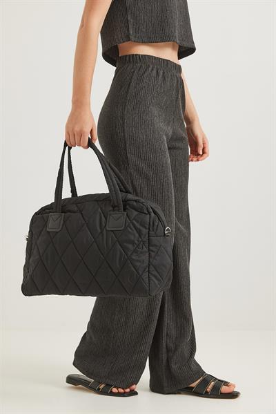 Kapitone Kumaş Cüzdanlı  El Ve Omuz Çantası Siyah