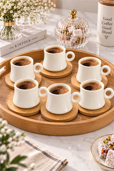 6lı Ahşap Altlıklı Fincan Takımı Beyaz