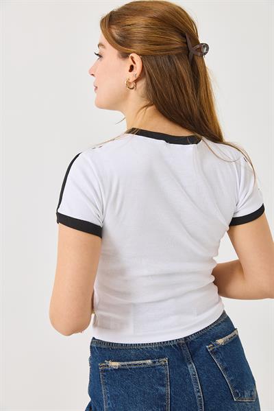 Bisiklet Yaka Baskılı Crop Tshirt Beyaz