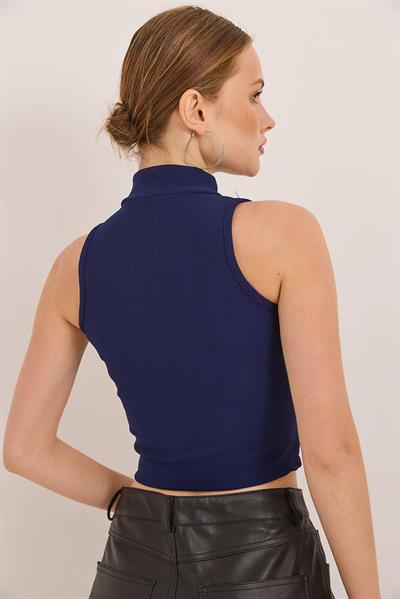 Fermuar Detaylı Fitilli Şık Örme Bluz Lacivert