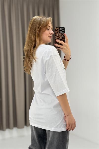 Kadın Yazı Baskılı Bisiklet Yaka Tshirt Beyaz