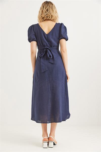 Belden Bağlamalı V Yaka  Keten Elbise Lacivert