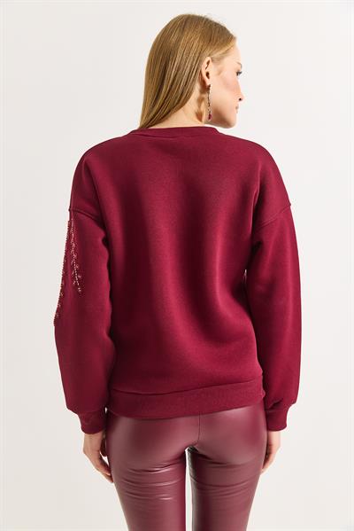 Kadın Boncuk İşlemeli Üç İplik Sweat Bordo