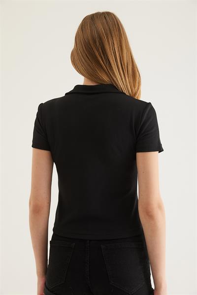 Polo Yaka Fermuarlı  Kaşkorse Bluz Siyah