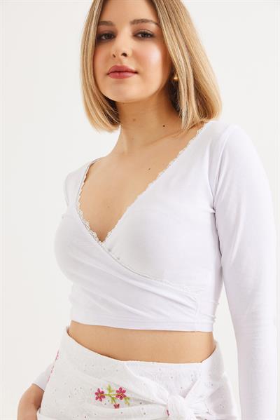 Dantel Detaylı Kruvaze Crop Bluz Beyaz