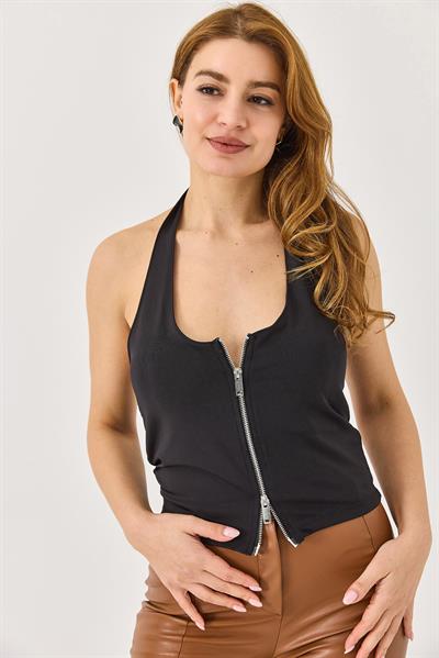 Dalgıç Kumaş Çift Fermuar Detaylı Askılı Bluz