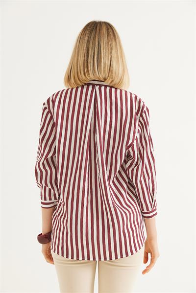 Tek Cepli  Çizgi Desenli Oversize  Gömlek Bordo