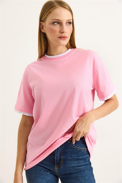 Bisiklet Yaka Kolları Garnili Kadın T-shirt Pembe