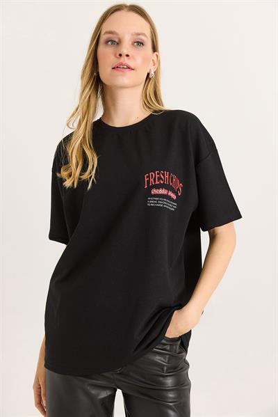 Rahat Kesim Baskılı Kadın Tshirt Siyah