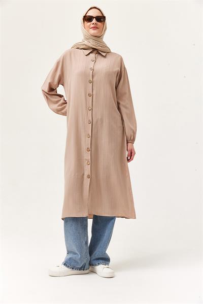 Keten Düğmeli Uzun Tesettür Tunik Bej