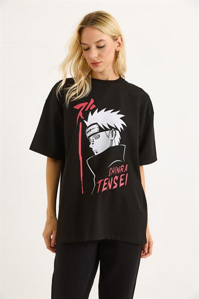 Baskılı Oversize Bisiklet Yaka Tshirt Siyah