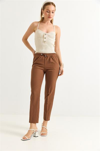 Beli Lastikli Kısa Paça Double Krep Pantolon Taba