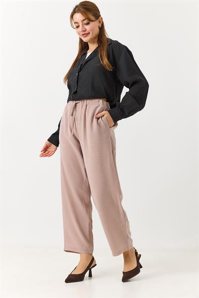 Kadın Beli Lastikli Rahat Kesim Salaş Pantolon Vizon