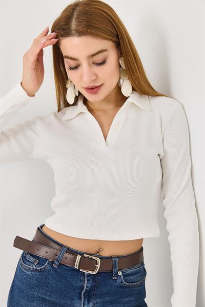 Kadın Polo Yaka Fitilli Crop Bluz Bej