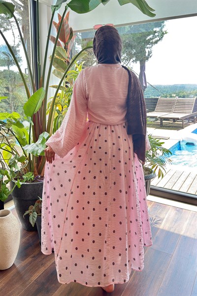 Kadın Eteği Puantiyeli Gömlek Takım Pembe