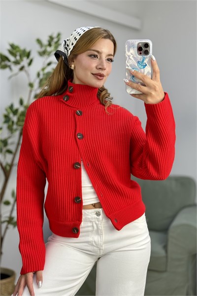 Kadın Dik Yaka Düğme Detaylı Oversize Triko Hırka Kırmızı