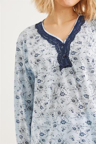Yakası Dantelli Uzun Kollu Pijama Takımı Mavi