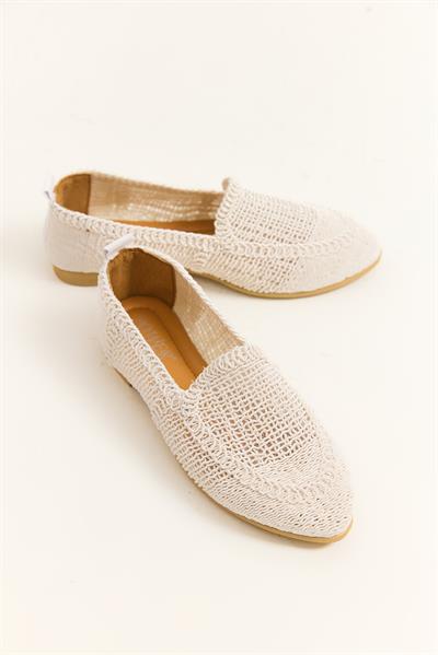 Örgü Tasarım Kadın Babet Ayakkabı Beyaz