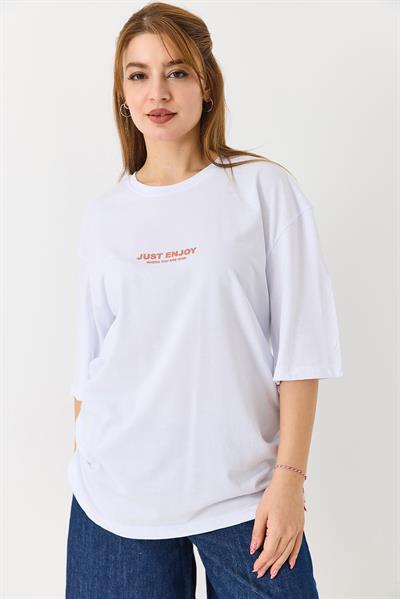 Kadın Yazı Baskılı Bisiklet Yaka Tshirt Beyaz