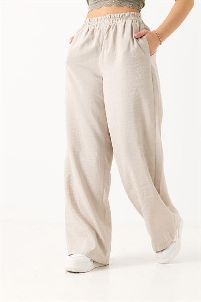Kadın Bol Kesim Tensel Kumaş Beli Lastikli Ekru