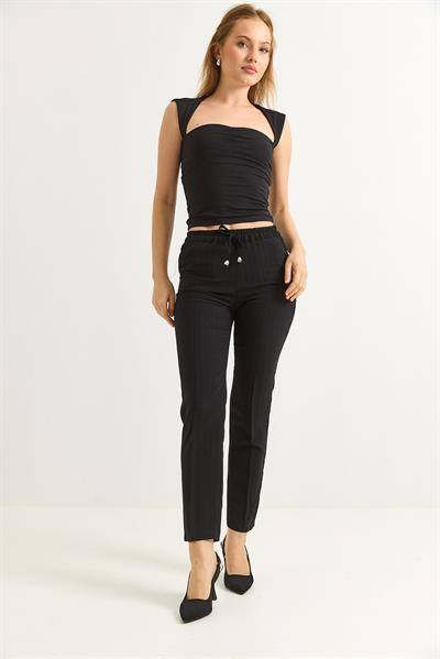 Beli Lastikli Çizgi Desenli Krep Pantolon Siyah