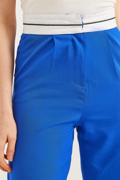 Beli Şeritli Bol Paça Pantolon Saks
