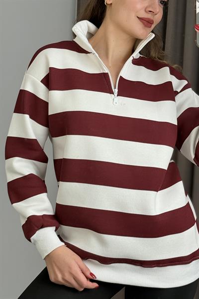 Kadın Balıkçı Yaka Çizgili Üç İplik İçi Şardonlu Kışlık Sweatshırt Bordo