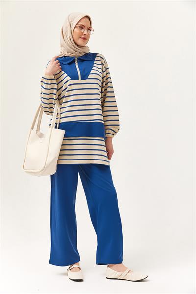 Fermuarlı Çizgili Gömlek Yaka Takım Lacivert