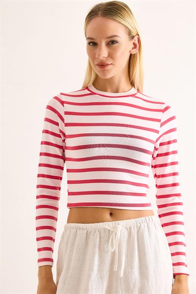 Kadın Çizgi Desenli Crop Bluz Fuşya