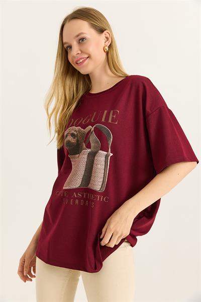 Baskılı Bisiklet Yaka Basic Tshirt Bordo