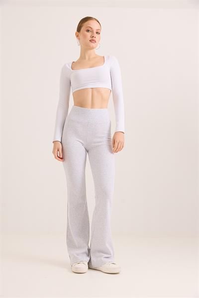 Yüksek Bel İspanyol Paça Fitilli Pantolon Gri