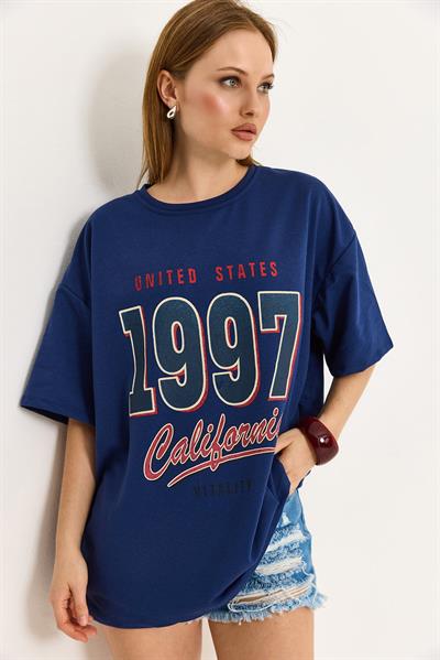 California Baskılı Oversize İki İplik Tshirt  Lacivert